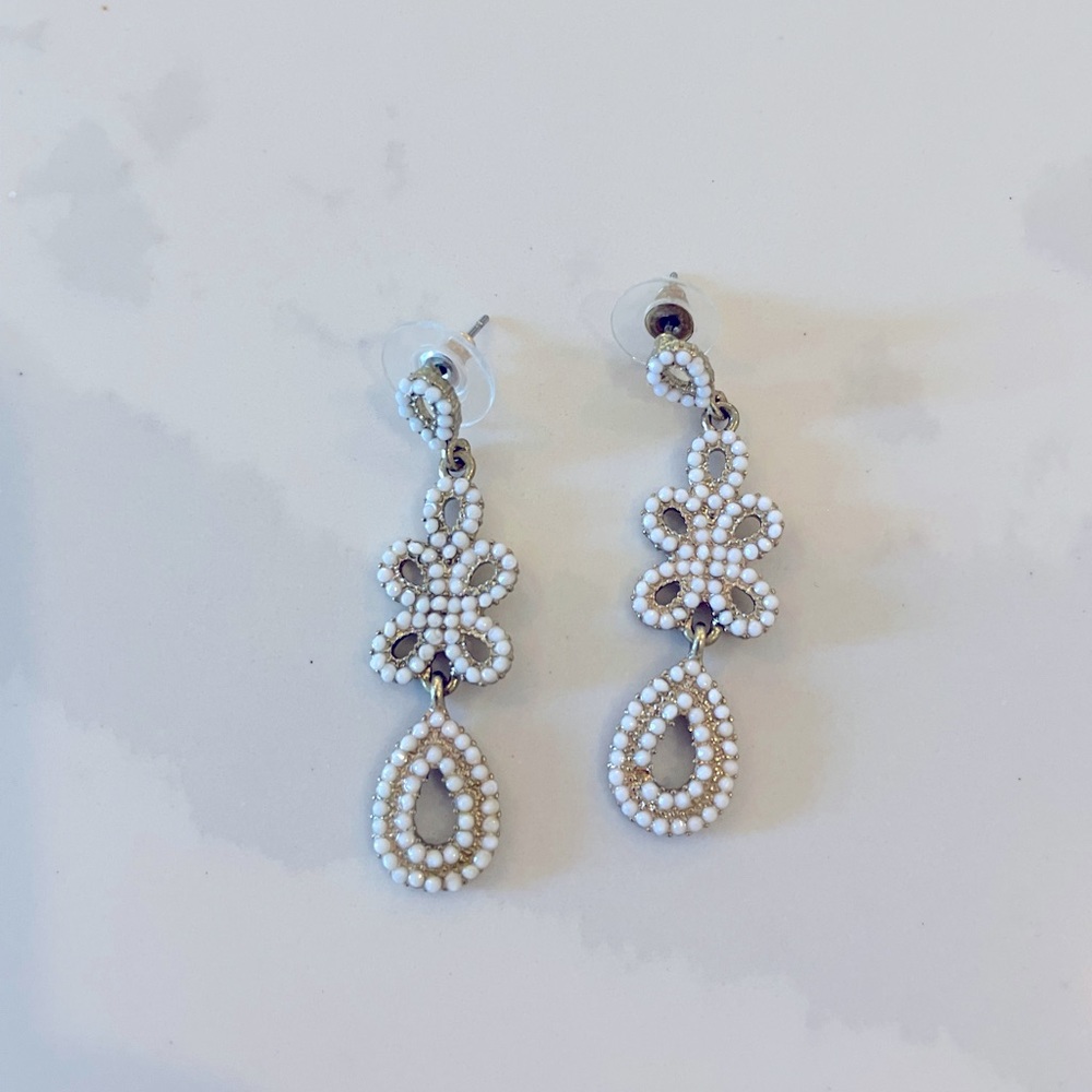 White and brass bead earrings